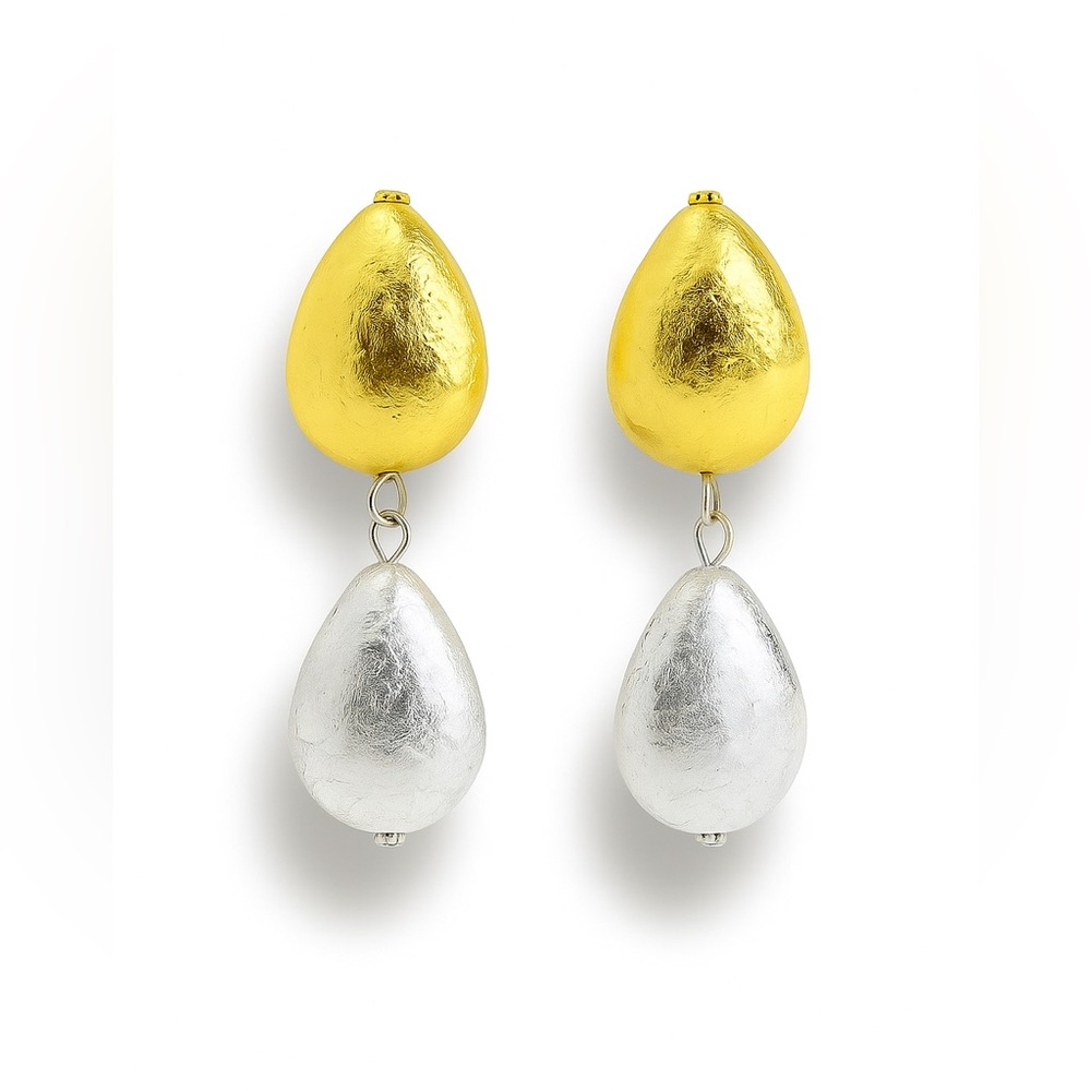 Elegant Gold And Silver Textured Teardrop Earrings